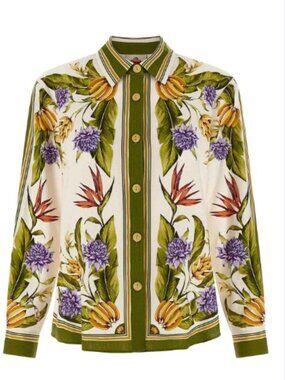 Farm Rio Sand Tropical Floral Linen Green Sand Shirt Size Extra Small/Small NWT